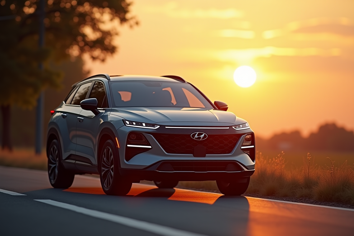 SUV hybride garé au coucher du soleil en gros plan