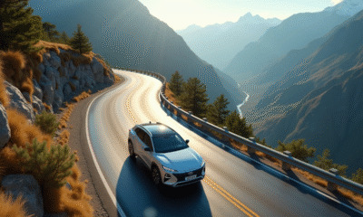 SUV hybride sur route de montagne en drone