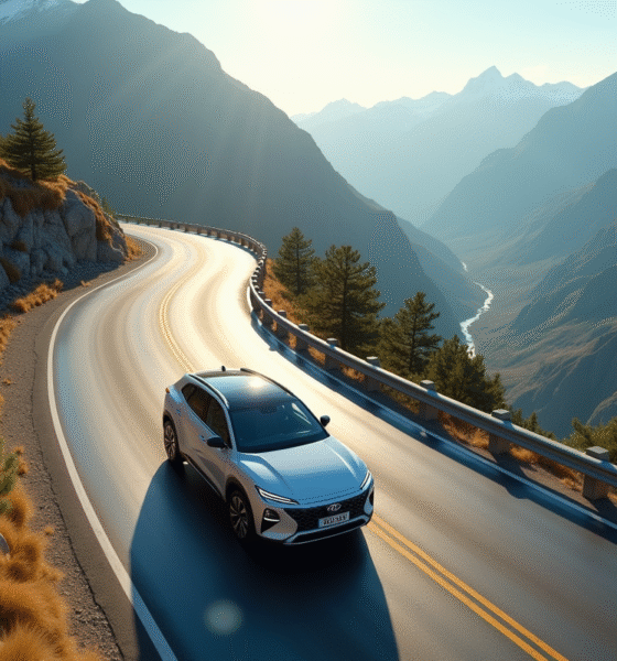SUV hybride sur route de montagne en drone