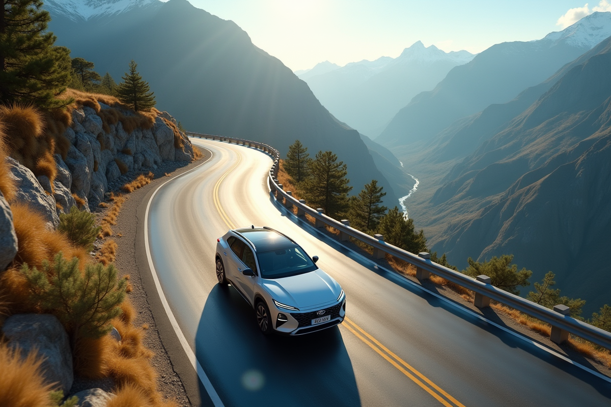 SUV hybride sur route de montagne en drone