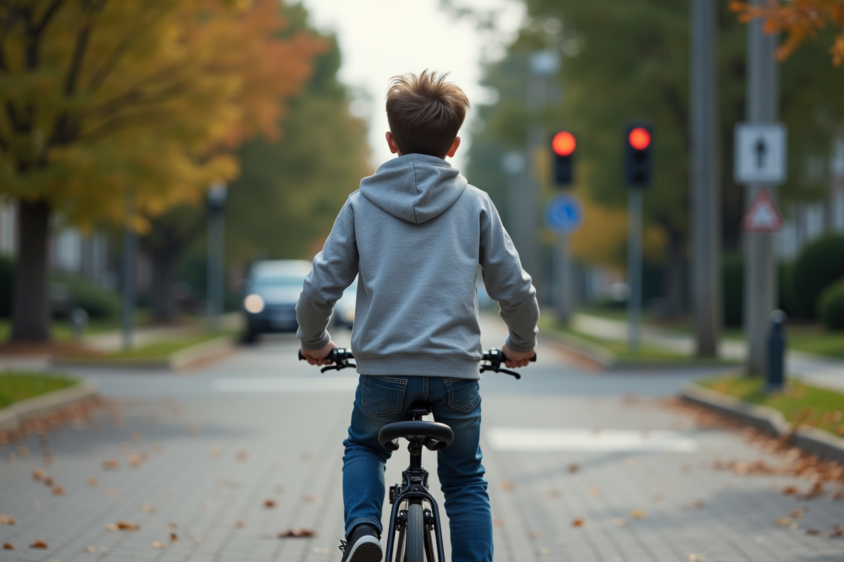 Adolescent en hoodie gris à vélo s
