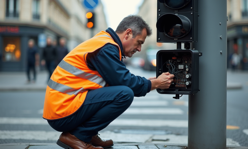 Agent de trafic parisien ajustant un boitier de signalisation