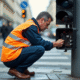 Agent de trafic parisien ajustant un boitier de signalisation