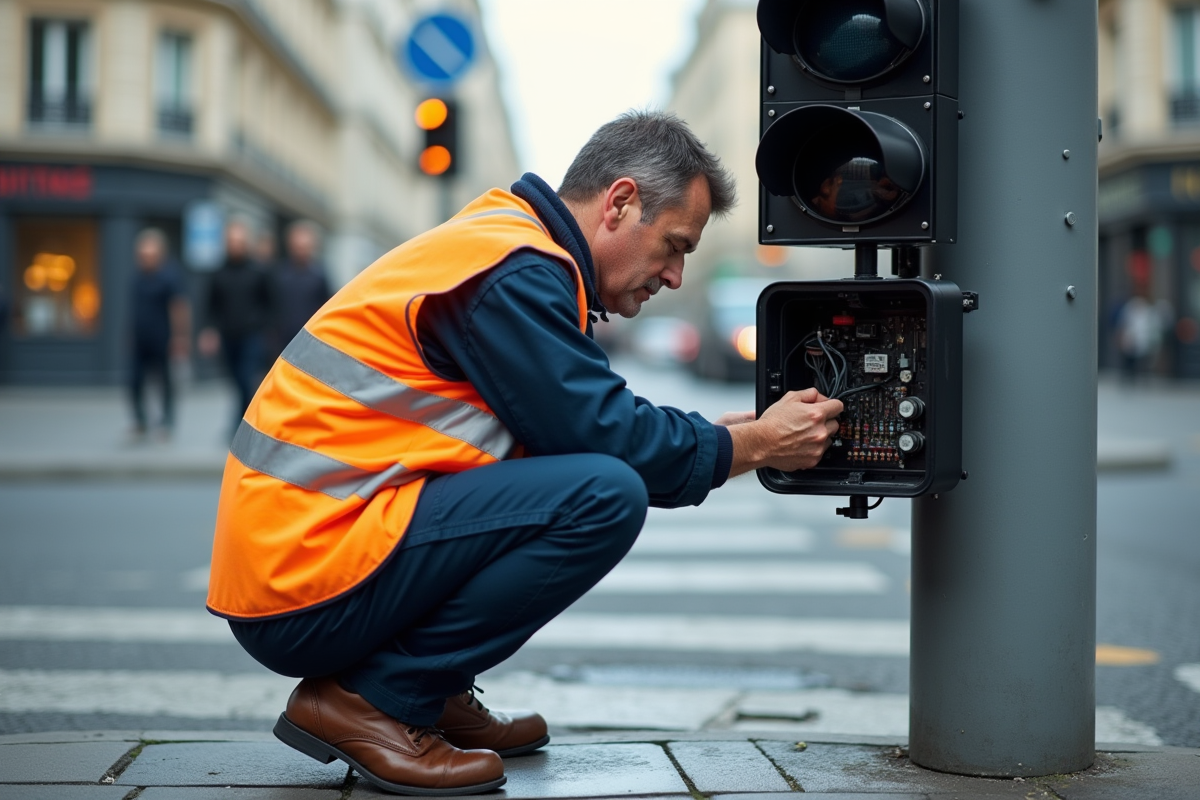 Agent de trafic parisien ajustant un boitier de signalisation