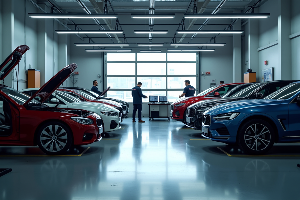 Atelier de réparation automobile moderne avec mécaniciens et voitures
