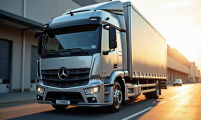 Camion de livraison moderne devant un entrepôt en matinée