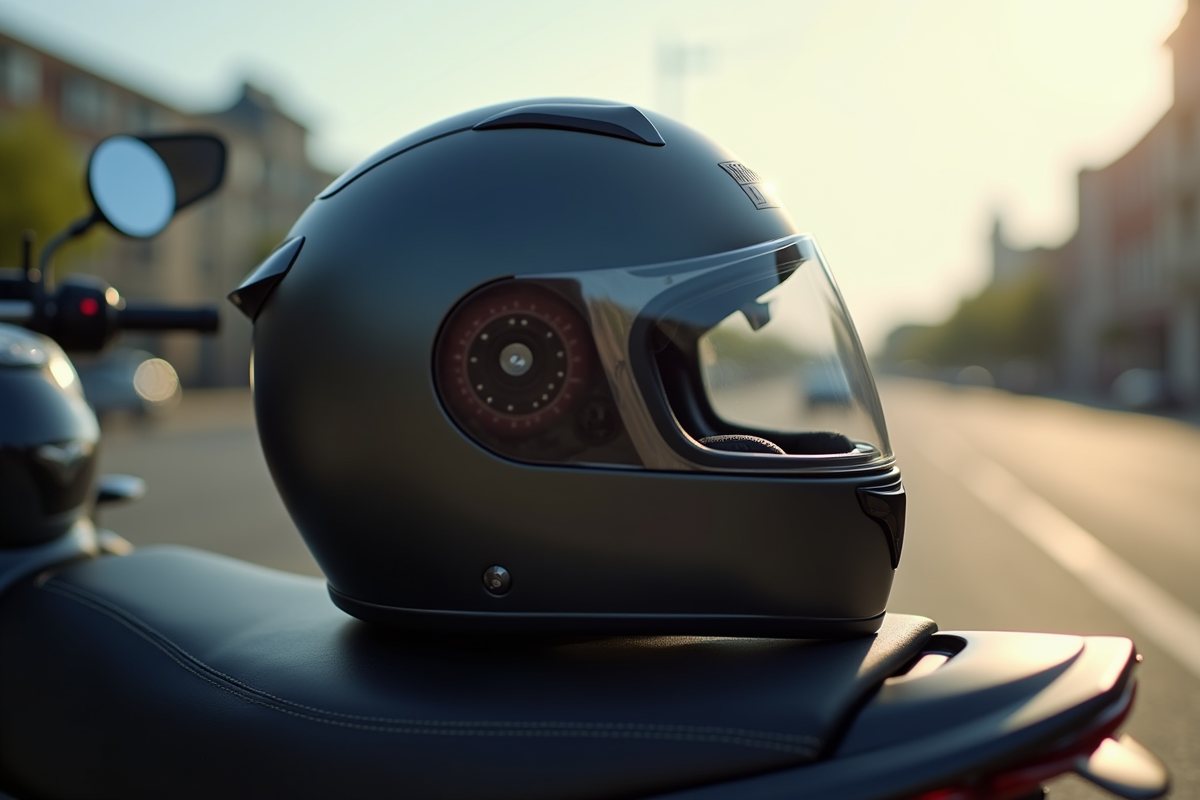 Détail d’un casque moto moderne sur selle en extérieur