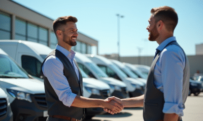 Vendeur souriant serrant la main d'un client devant des utilitaires d'occasion