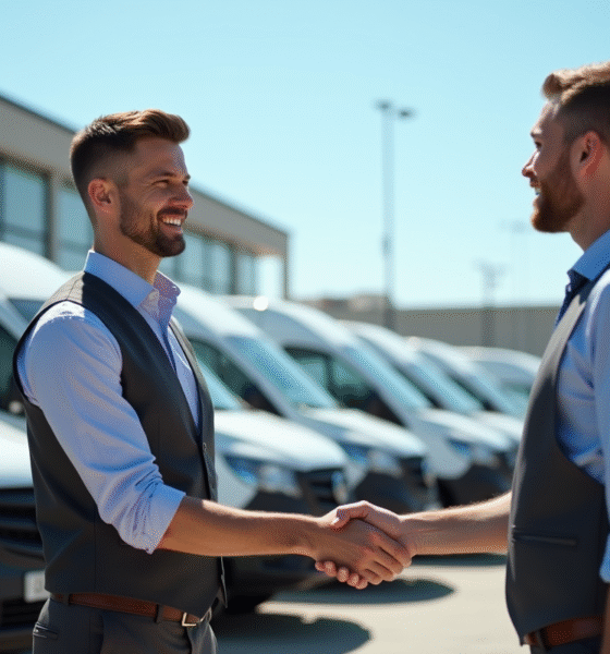 Vendeur souriant serrant la main d'un client devant des utilitaires d'occasion