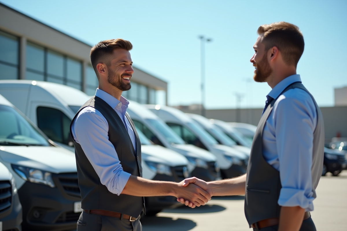 Vendeur souriant serrant la main d'un client devant des utilitaires d'occasion