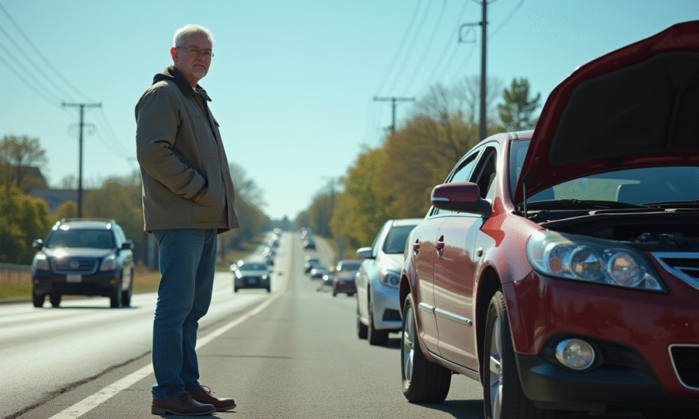 Conducteur frustré à côté d'une voiture en panne sur la route