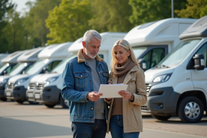 Couple de milieu d'âge regardant brochure camping-car