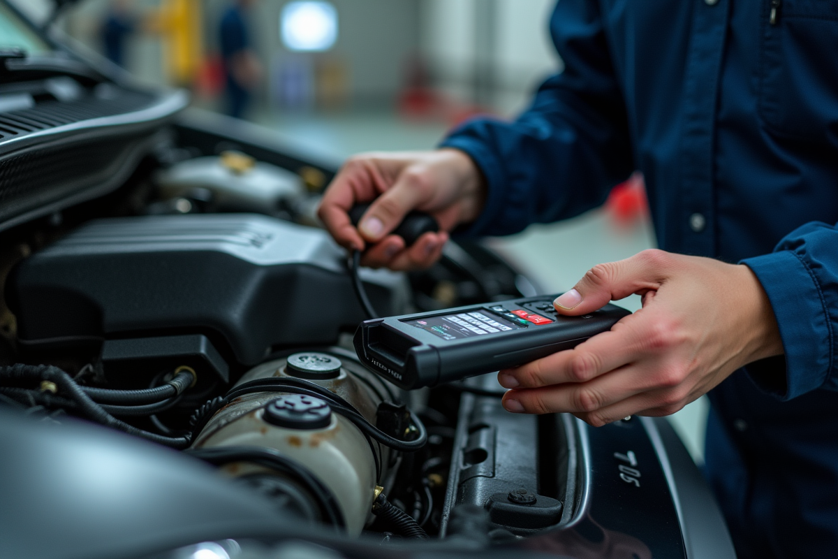 Mécanicien utilisant un scanner de diagnostic sur une Citroën dans un garage lumineux