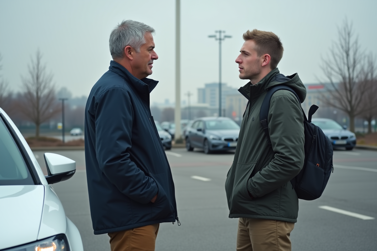 Examinateur de conduite parlant à un jeune nerveux dans un parking urbain