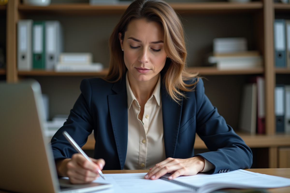 Femme d affaires en blazer bleu examine documents d assurance