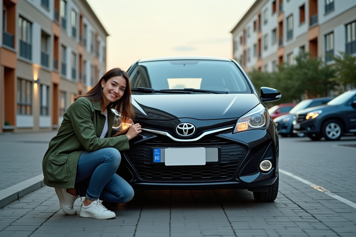 Femme installant une nouvelle plaque sur une voiture