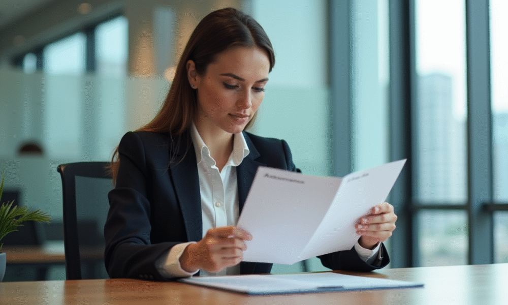 Femme en bureau examine documents assurance et loa