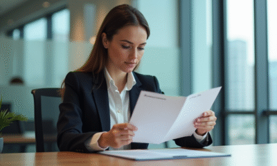 Femme en bureau examine documents assurance et loa