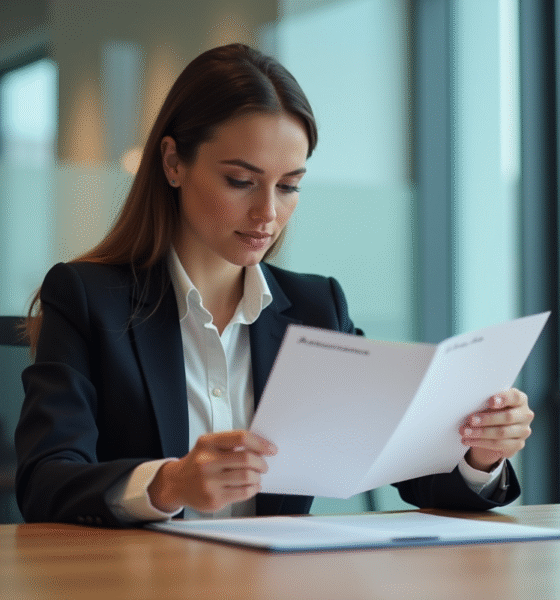 Femme en bureau examine documents assurance et loa