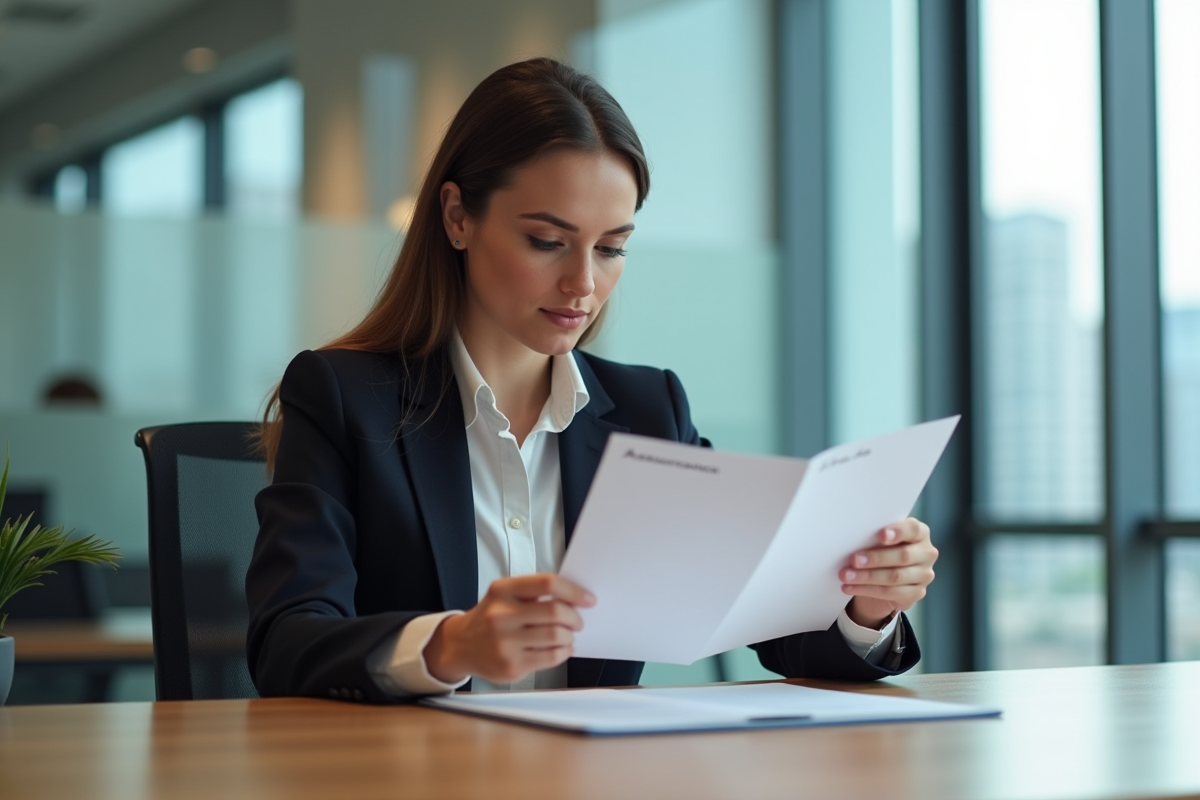 Femme en bureau examine documents assurance et loa