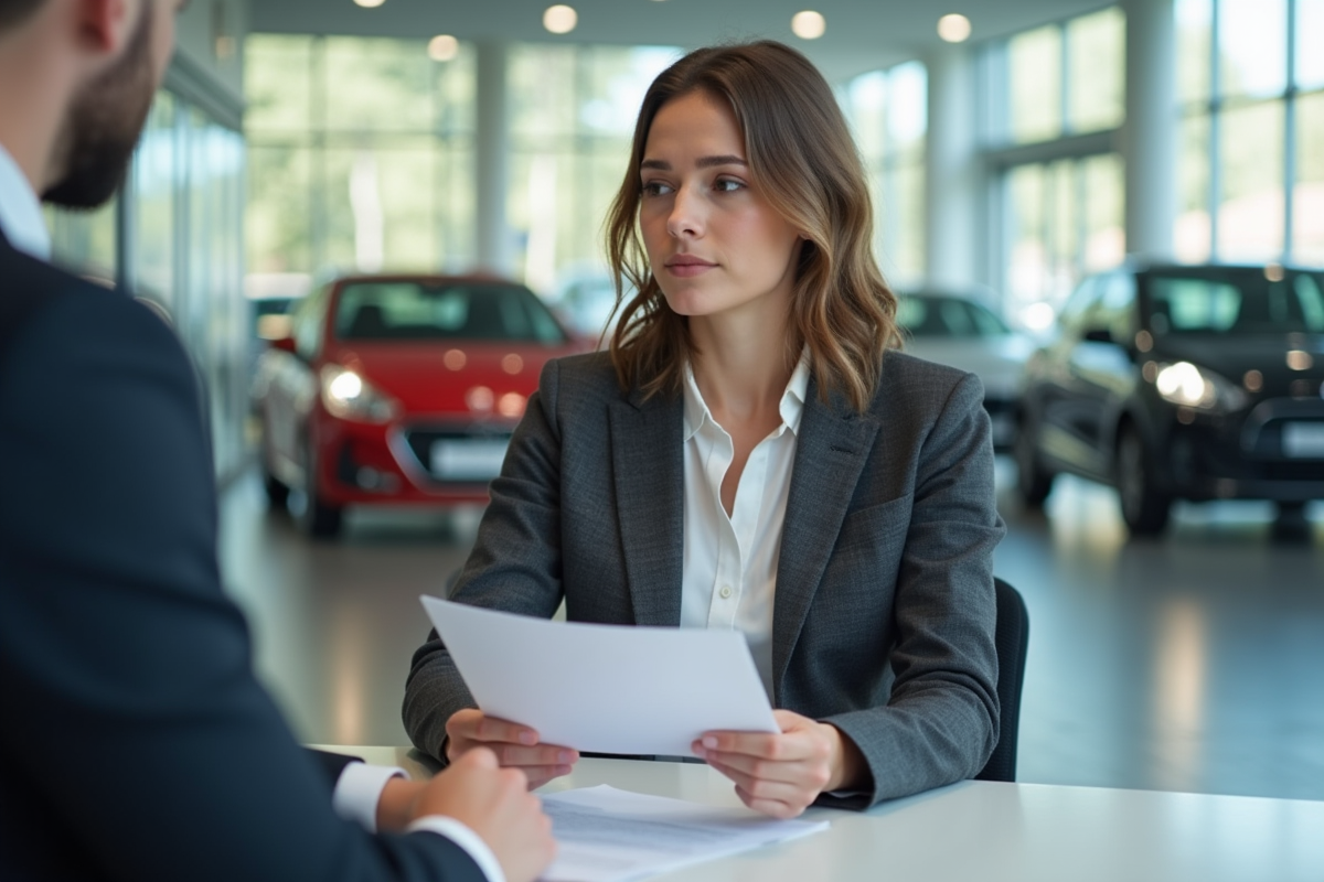 Jeune femme dans un showroom automobile examinant des documents