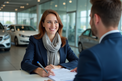 Femme souriante en conseil financement voiture