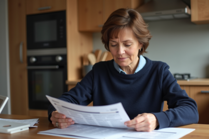 Femme moyenne âge compare des tableaux d'assurance maison