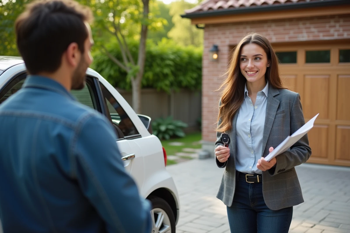 Jeune femme avec clés et documents discutant avec un agent d
