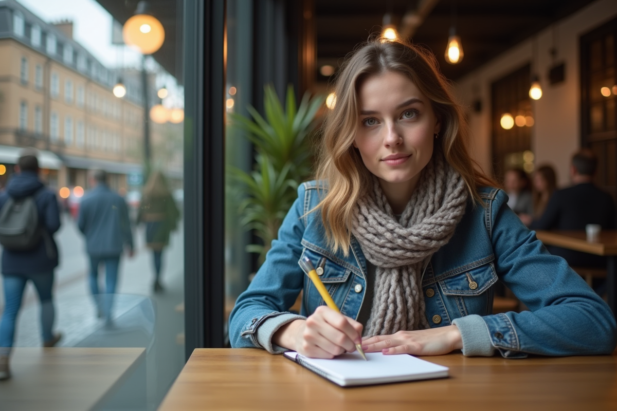 Jeune femme écrivant des conseils de motivation au café