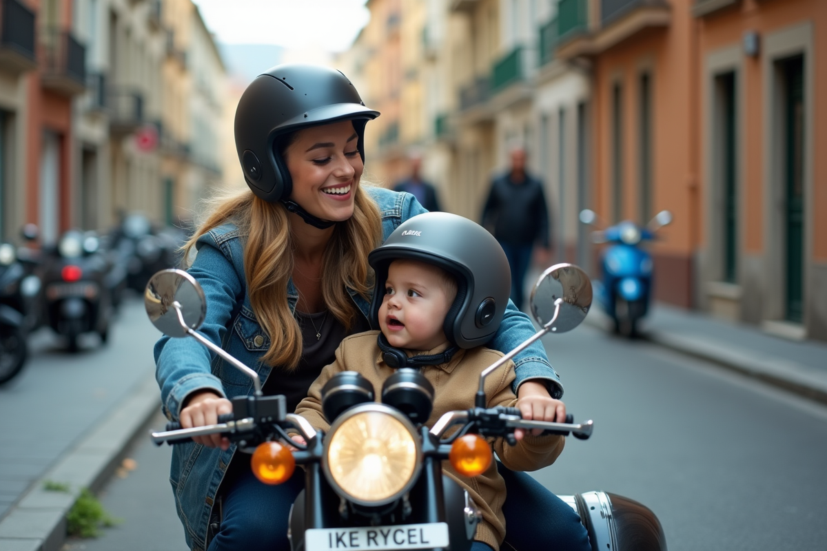 Femme aidant un enfant à mettre un casque en ville