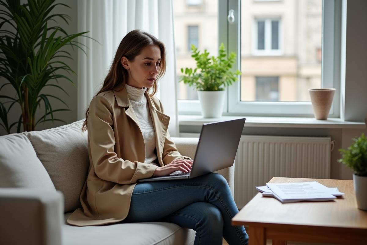 Femme utilisant un ordinateur dans un salon cosy