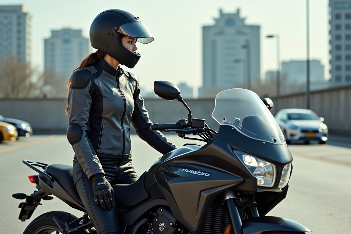 Femme en équipement de moto près de sa moto en ville