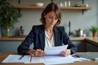 Femme organisée avec papiers de voiture dans la cuisine