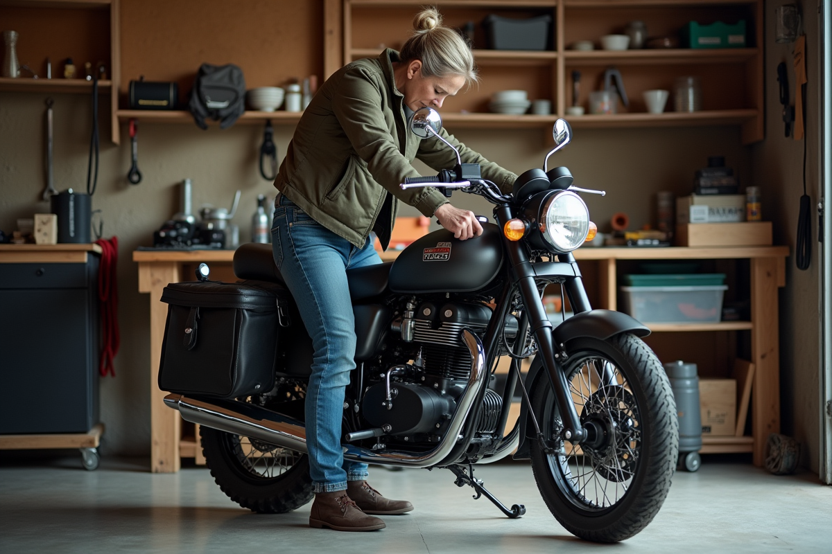 Femme ajustant une selle sur la moto Piwi 80 dans un garage