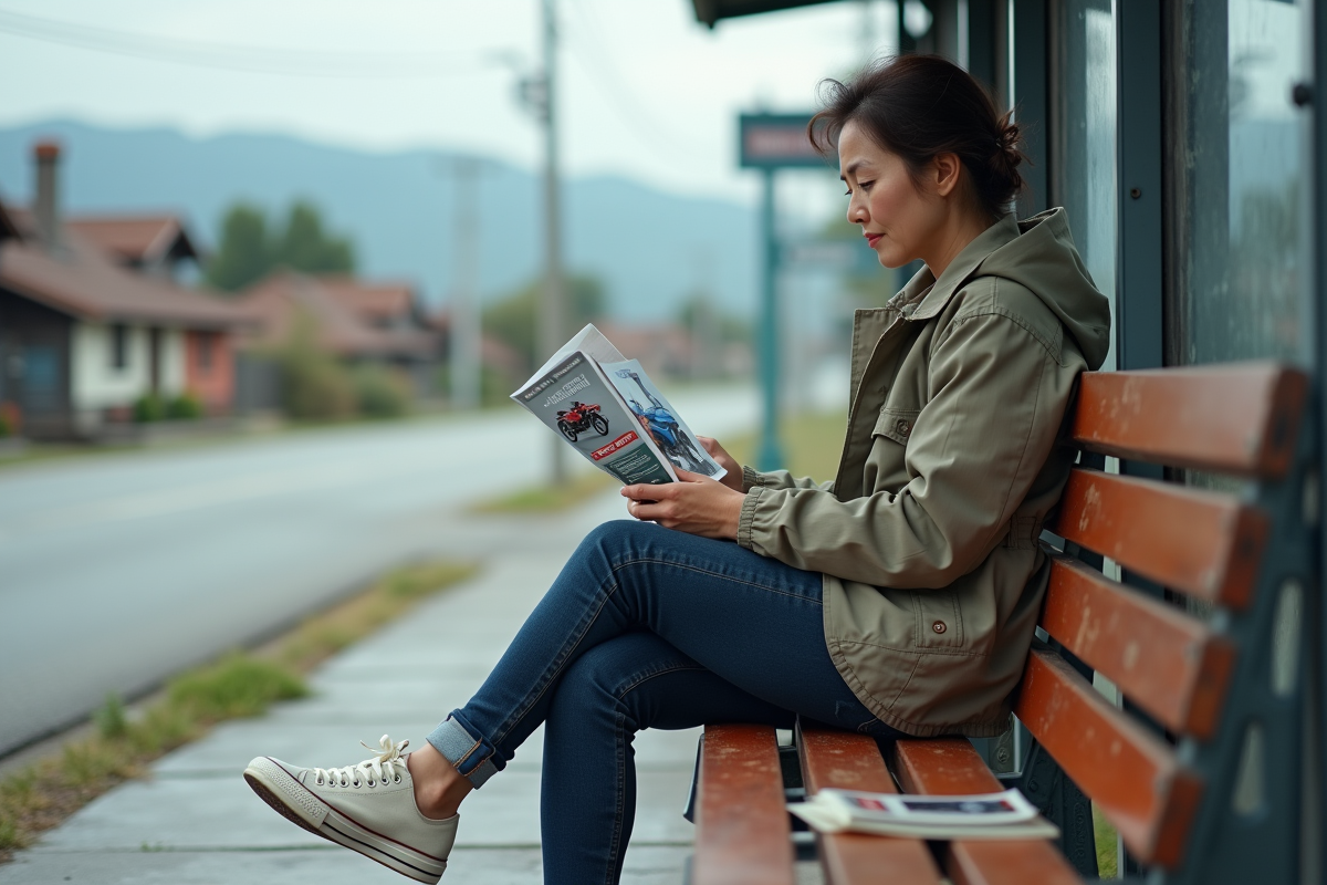 Femme comparant pamphlets pour motos en campagne