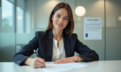 Femme en blazer signant un document officiel dans un bureau français