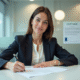 Femme en blazer signant un document officiel dans un bureau français