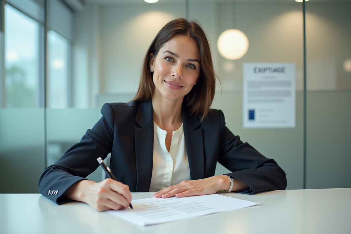 Femme en blazer signant un document officiel dans un bureau français