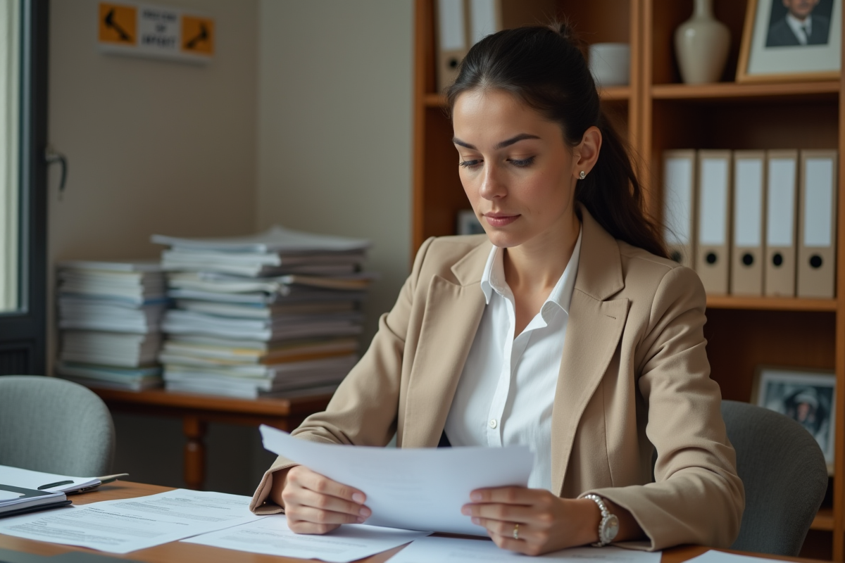 Jeune femme examinant des papiers dans un bureau administratif