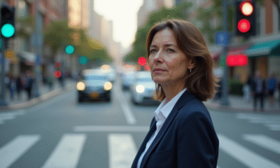 Femme d'âge moyen en costume bleu patient à un passage piétons