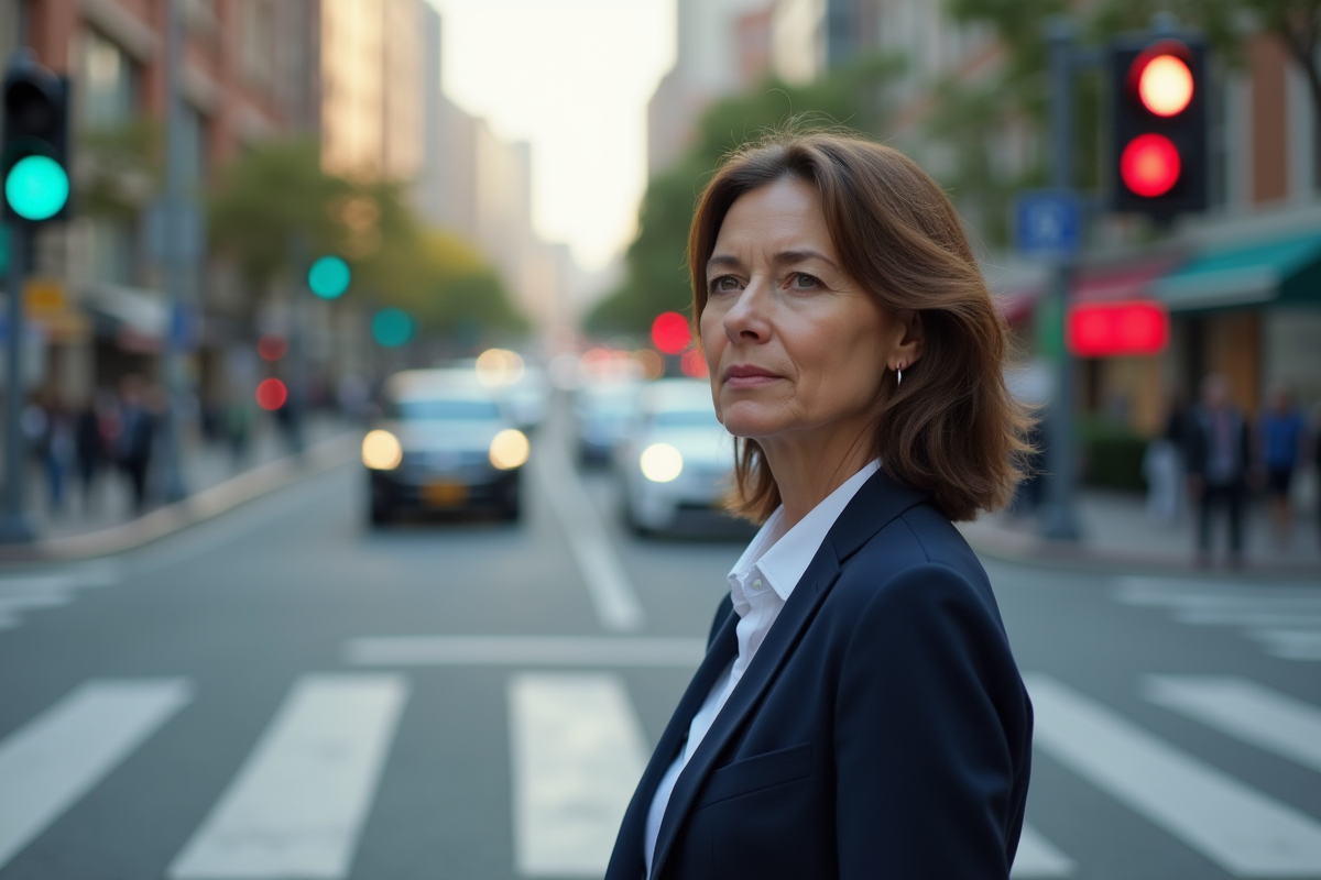 Femme d'âge moyen en costume bleu patient à un passage piétons