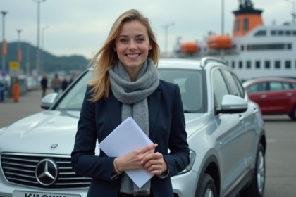 Jeune femme avec documents près d'une voiture au ferry