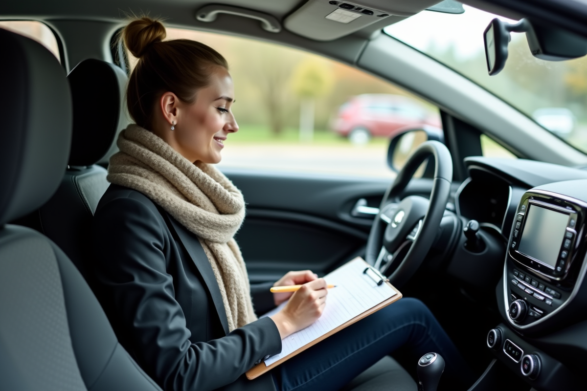 Femme prenant des notes dans l’habitacle d’une voiture