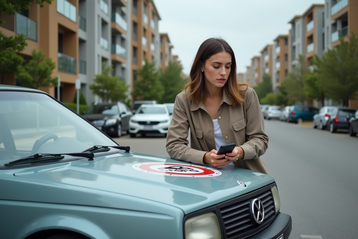 Jeune femme vérifiant son téléphone près d une voiture interdite