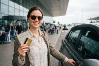Femme souriante avec permis et carte gold devant un aéroport