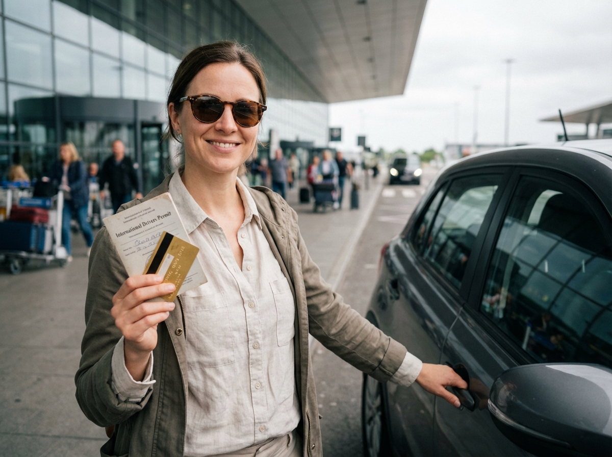 Femme souriante avec permis et carte gold devant un aéroport