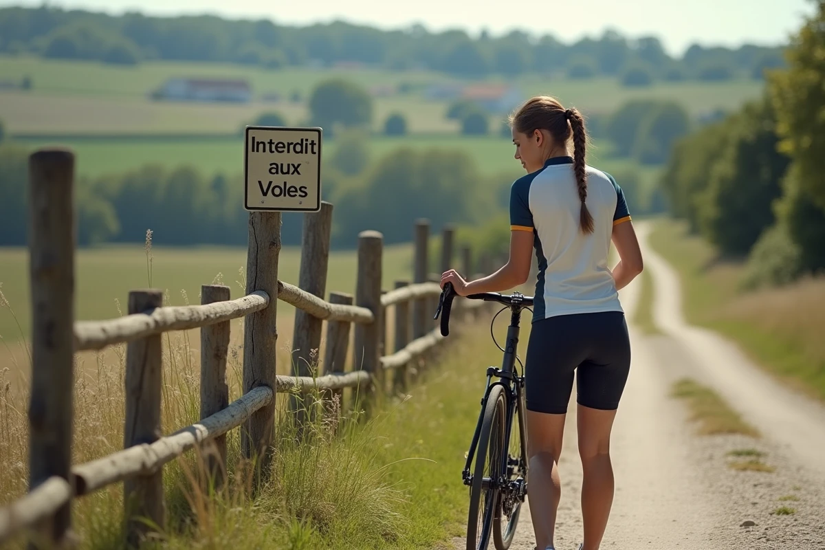 Jeune femme en VTT dans la campagne française contemplant le chemin