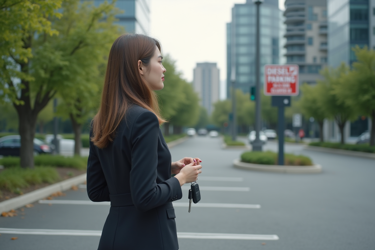 Jeune femme regardant un espace de parking diesel vide