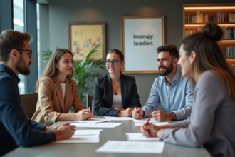 Groupe de professionnels en réunion dans une salle moderne
