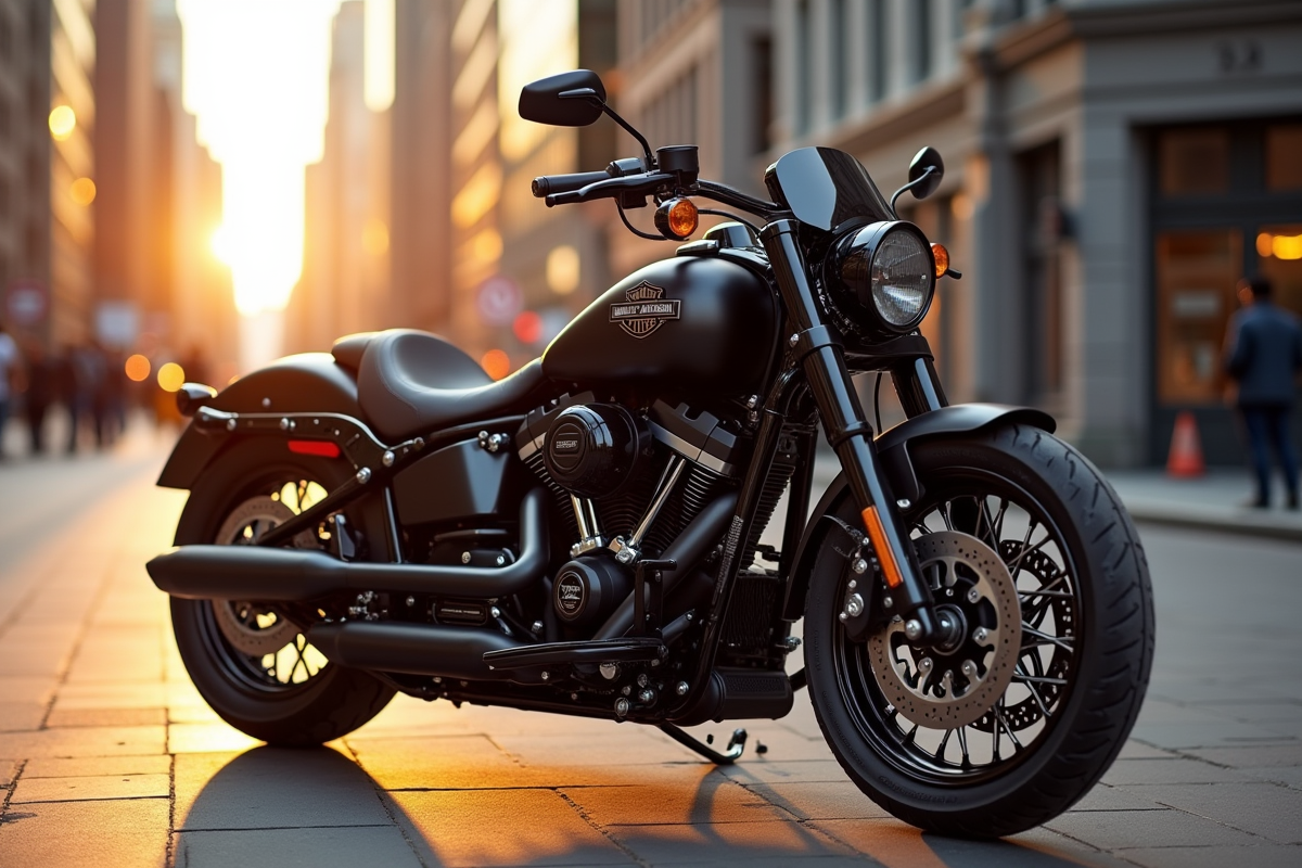Moto Harley moderne dans la ville au coucher de soleil